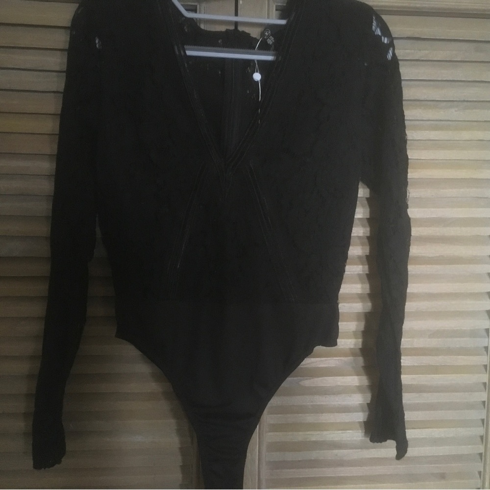 Misguided Black Lace Sheer Deep V Long Sleeve Bodysuit Size Large 12 New Wo Tags